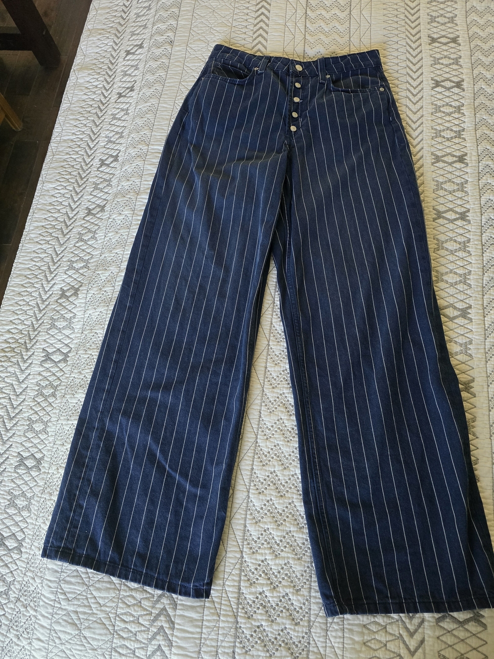 Free People Nia Stripe Boyfriend Jeans in indigo pinstripe Wide-Leg Jeans